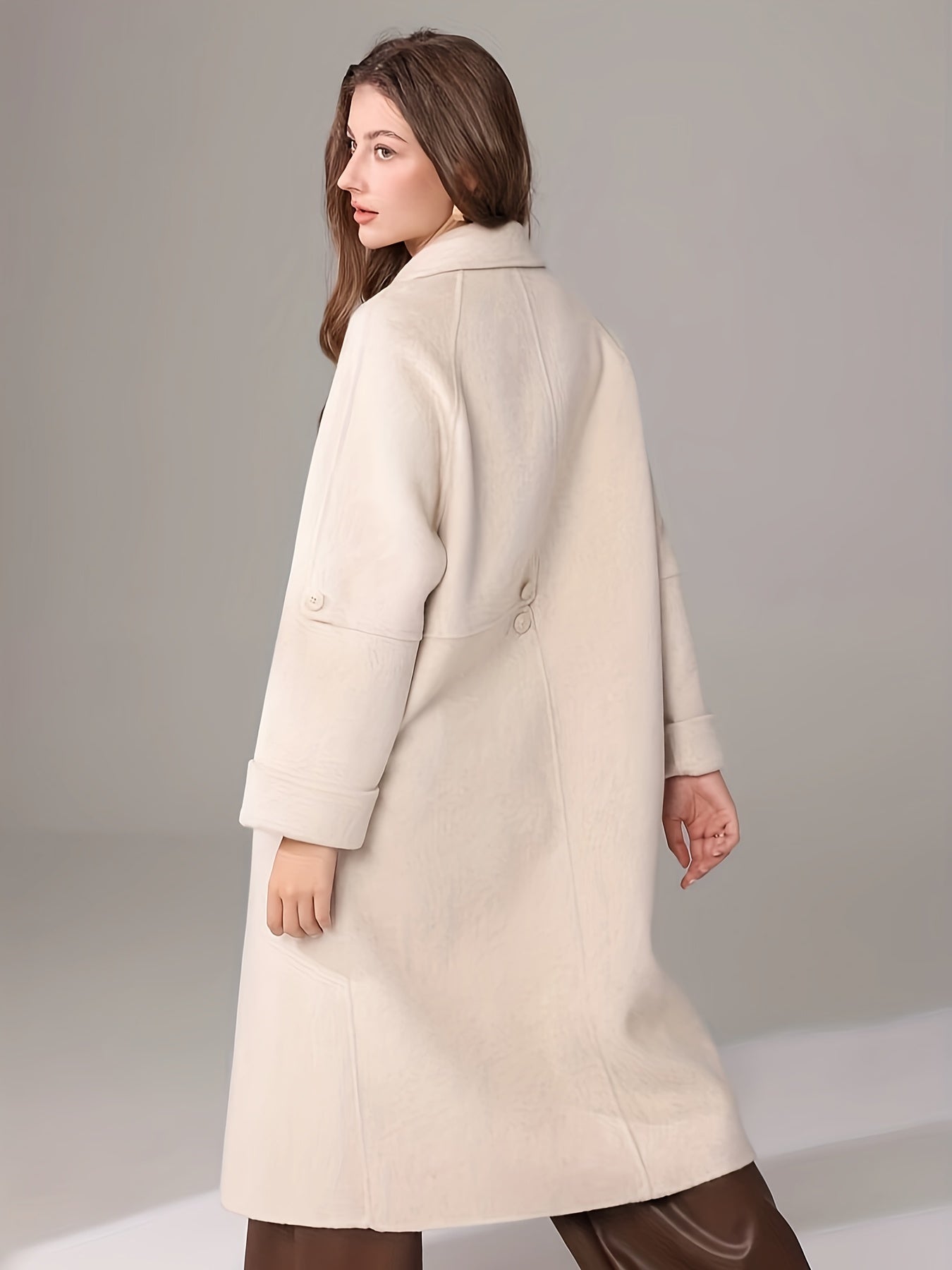 Elegant White Long Coat for Women - Chic Long Sleeve, Button-Up, Flap Pockets, Polyester Blend, Perfect for Fall\u002FWinter Fashion, Stylish Outerwear | Chic Long Coat | Polyester Blend Coat