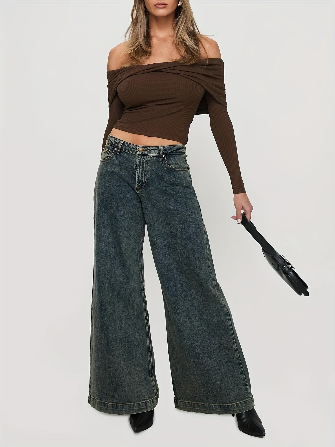 1pc Women'S Casual Wide Leg Jeans - Cotton Blend, Slight Stretch, Solid Color, Woven, All-Season, Loose Fit, Retro-Inspired Denim