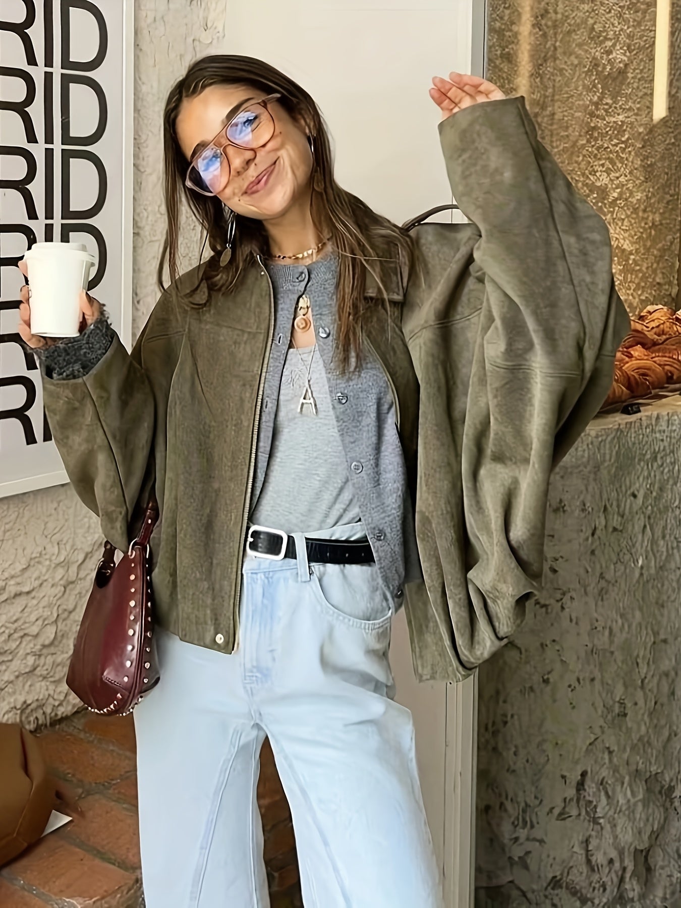Women'S Stylish Olive Green Corduroy Jacket - Oversized Loose Fit with Belted Waist, Long Sleeves, and Button-Up Front, Perfect for Casual or Chic Outfits, Casual Wear Jacket | Belted Jacket | Buttonup Jacket