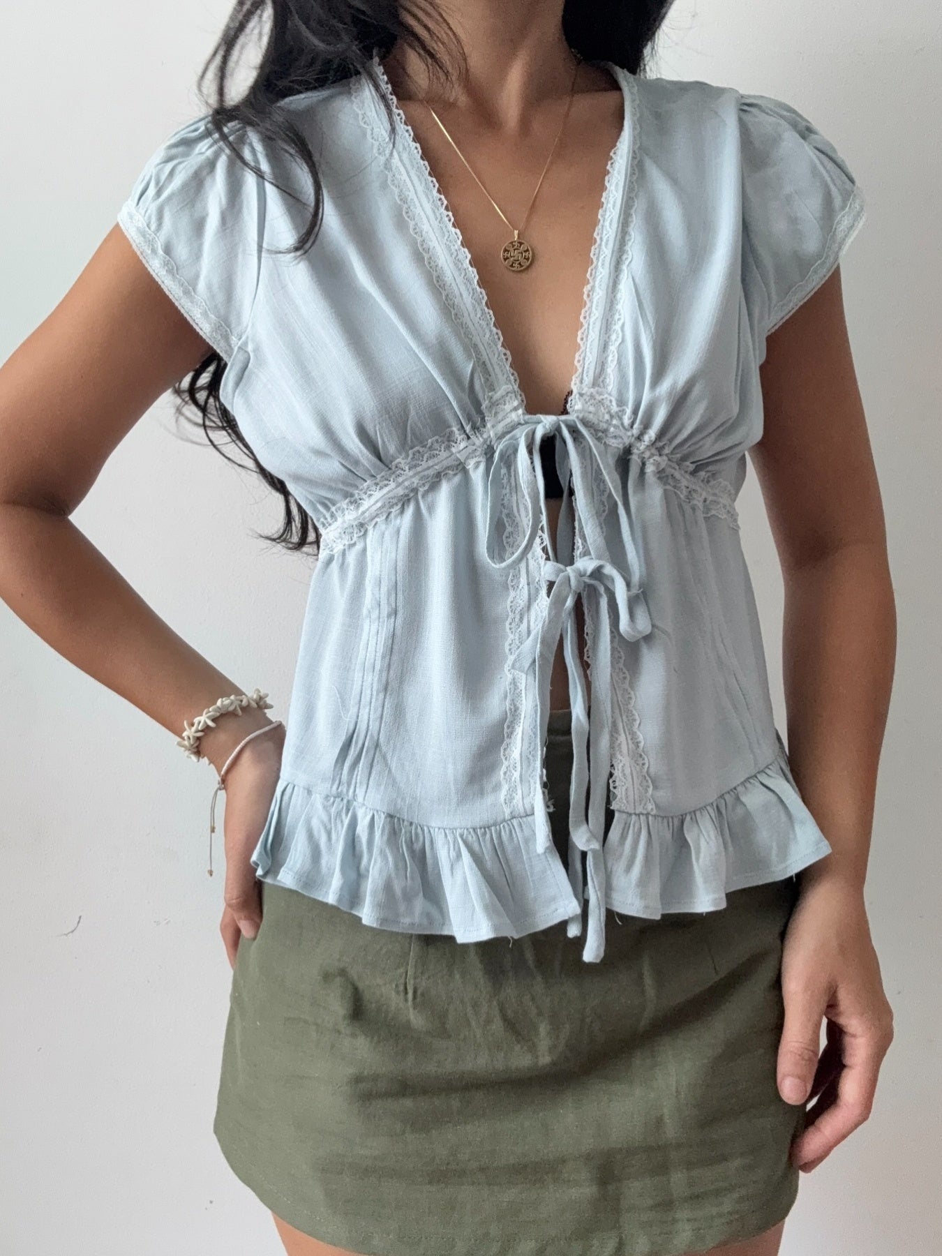 Women'S Casual Lace-Embellished V-Neck Top with Ruffle Hem - Light Blue, Short Sleeve, Summer Blouse with Front Tie Detail, Lace Trim, Non-Padded, Casual Summer Top|Ruffle Hem Top|Lace Trim Detail