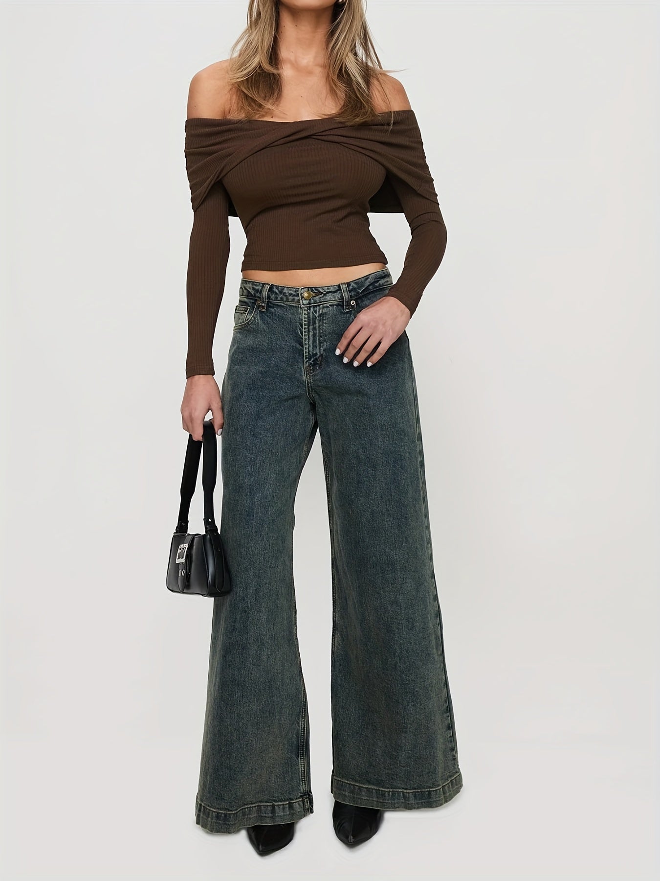 1pc Women'S Casual Wide Leg Jeans - Cotton Blend, Slight Stretch, Solid Color, Woven, All-Season, Loose Fit, Retro-Inspired Denim