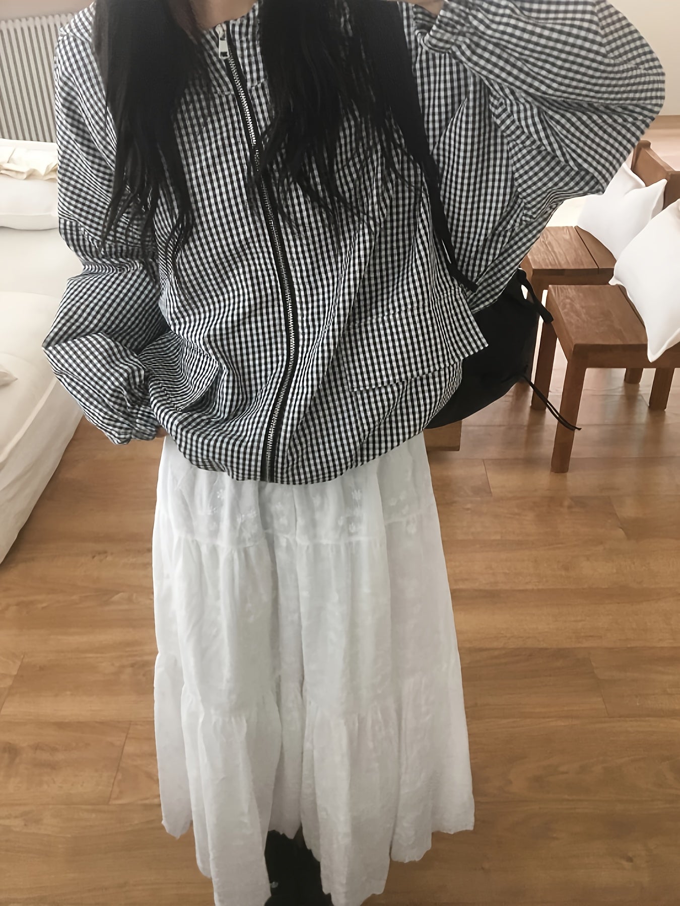 Women'S Lightweight Plaid Hooded Jacket - Casual Chic Long Sleeve Zipper Front Coat with Pockets, Black & White Checkered Pattern, Perfect for Fall\u002FWinter Outings, Fall Winter Apparel | Checkered Pattern Jacket | Zippered Jacket
