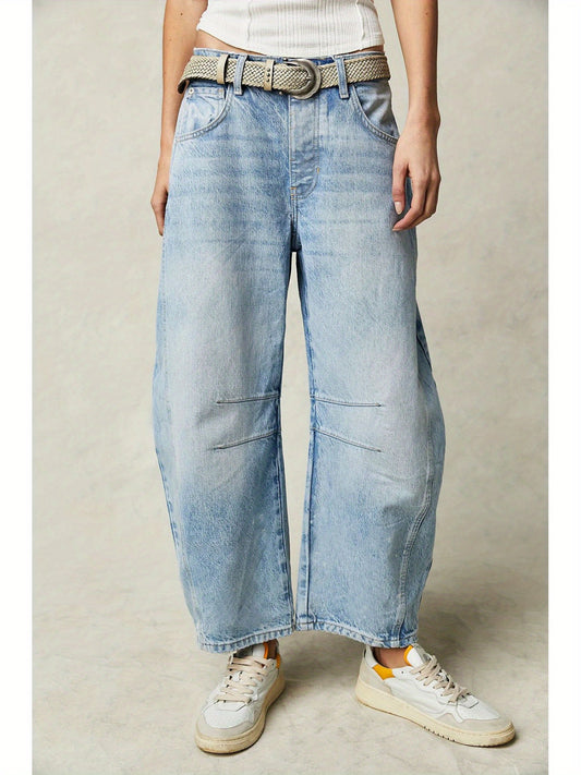Women's Mid-Low Waist Loose Wide-Leg Jeans - Vintage Washed Denim Pants with Belt Loops & Pockets, All-Season Casual Trousers, Machine Washable