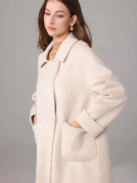 Elegant White Long Coat for Women - Chic Long Sleeve, Button-Up, Flap Pockets, Polyester Blend, Perfect for Fall\u002FWinter Fashion, Stylish Outerwear | Chic Long Coat | Polyester Blend Coat