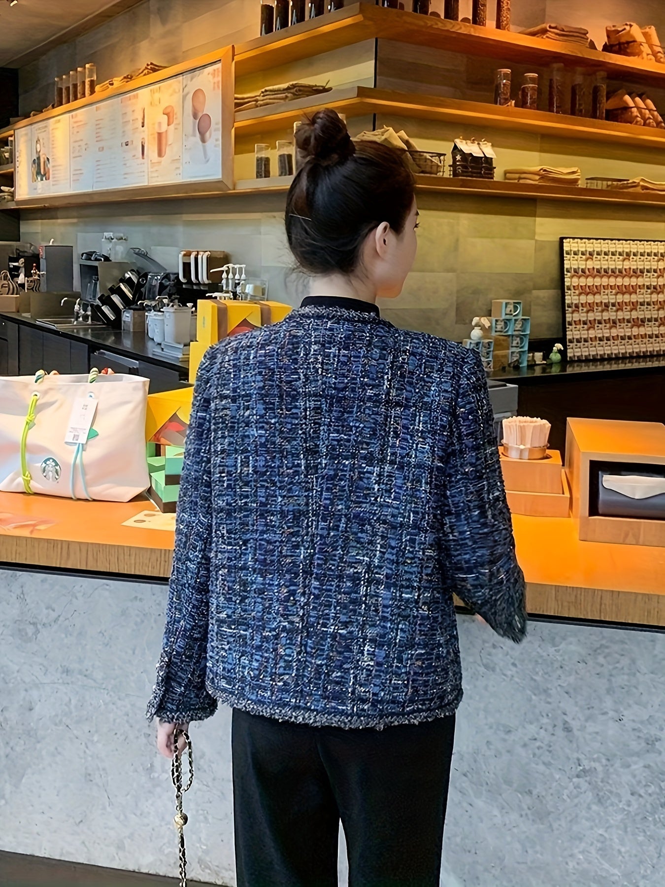Elegant Striped Polyester Blazer for Women, French-Inspired High Luxury Coat with Long Sleeves, Regular Fit, Single Breasted Button Detail, Fall\u002FWinter Collection