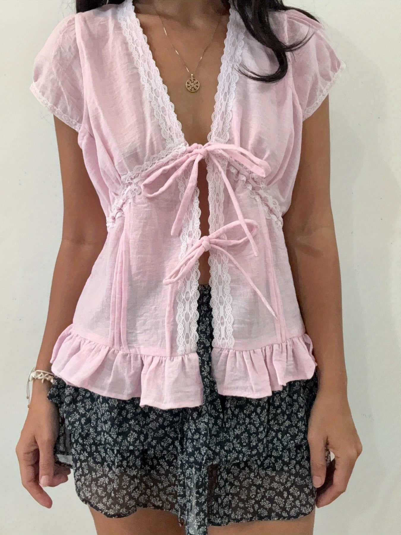 Women'S Casual Lace-Embellished V-Neck Top with Ruffle Hem - Light Blue, Short Sleeve, Summer Blouse with Front Tie Detail, Lace Trim, Non-Padded, Casual Summer Top|Ruffle Hem Top|Lace Trim Detail