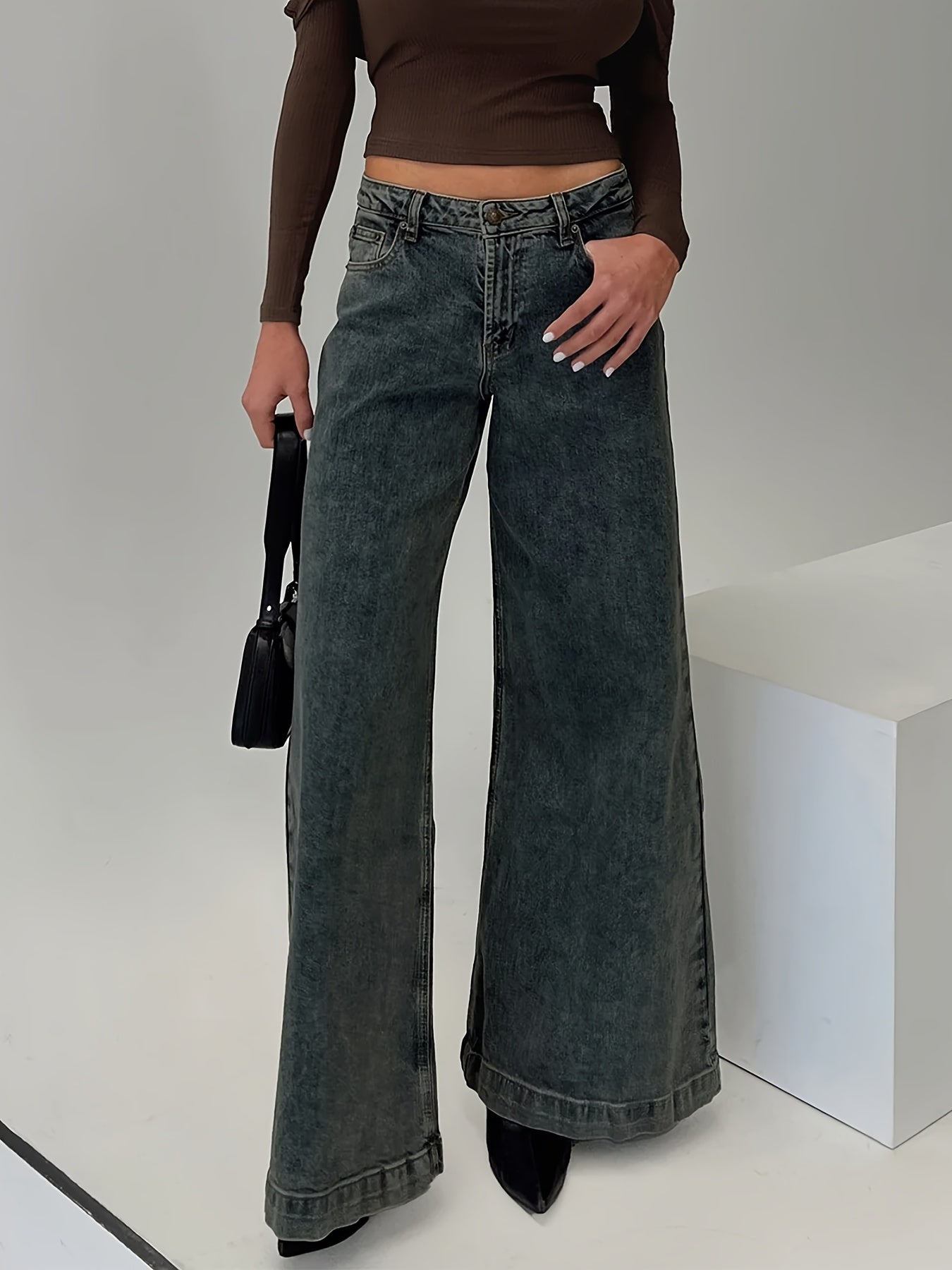 1pc Women'S Casual Wide Leg Jeans - Cotton Blend, Slight Stretch, Solid Color, Woven, All-Season, Loose Fit, Retro-Inspired Denim