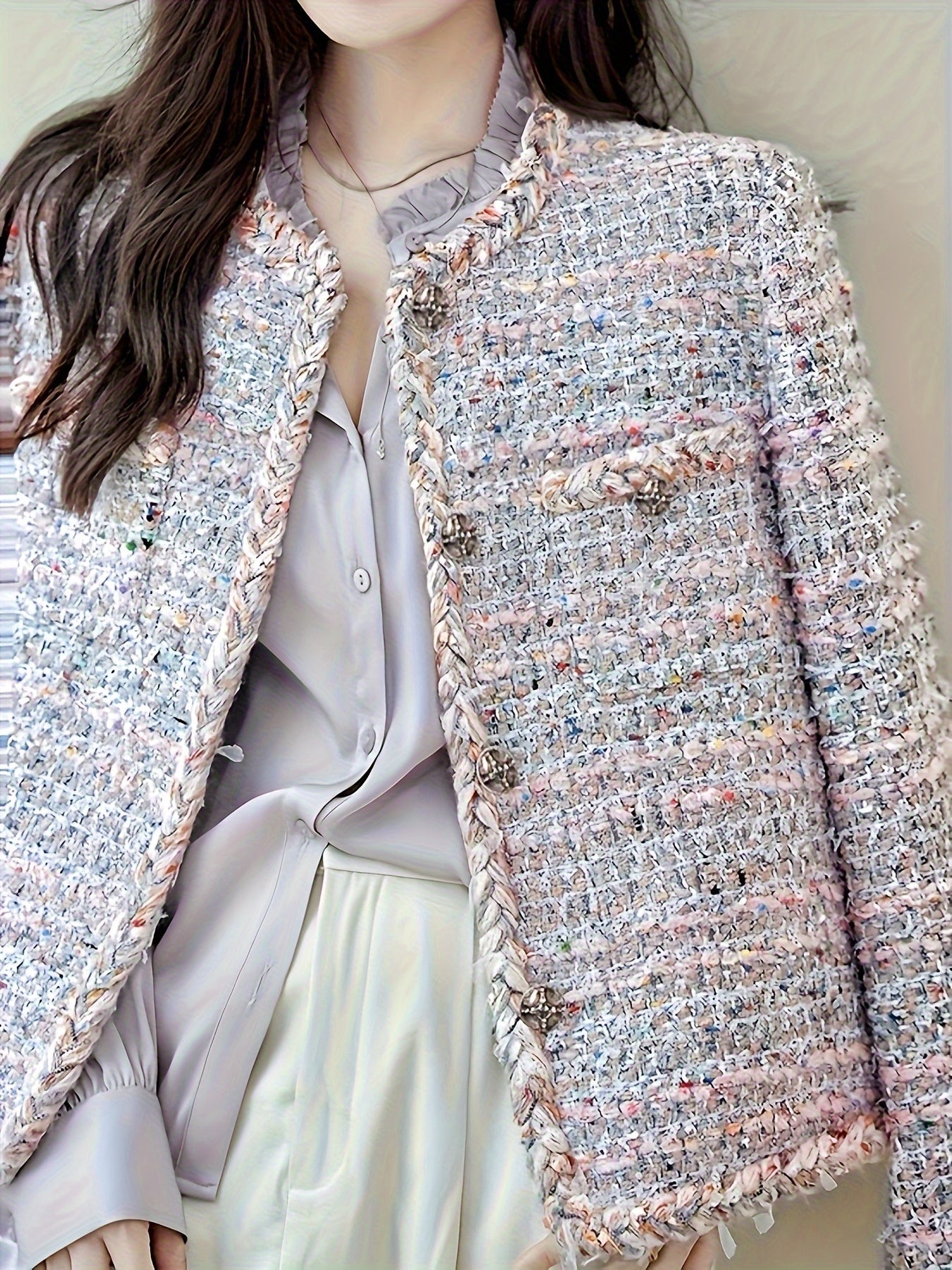 Chic Lightweight Tweed Blazer with Braided Detail - Long Sleeve, Button-Up, H-Silhouette, Beige & White Check Pattern, Perfect for Fall\u002FWinter Fashion, Autumn Winter Jacket | Hsilhouette Blazer | Elastane Comfort Fit