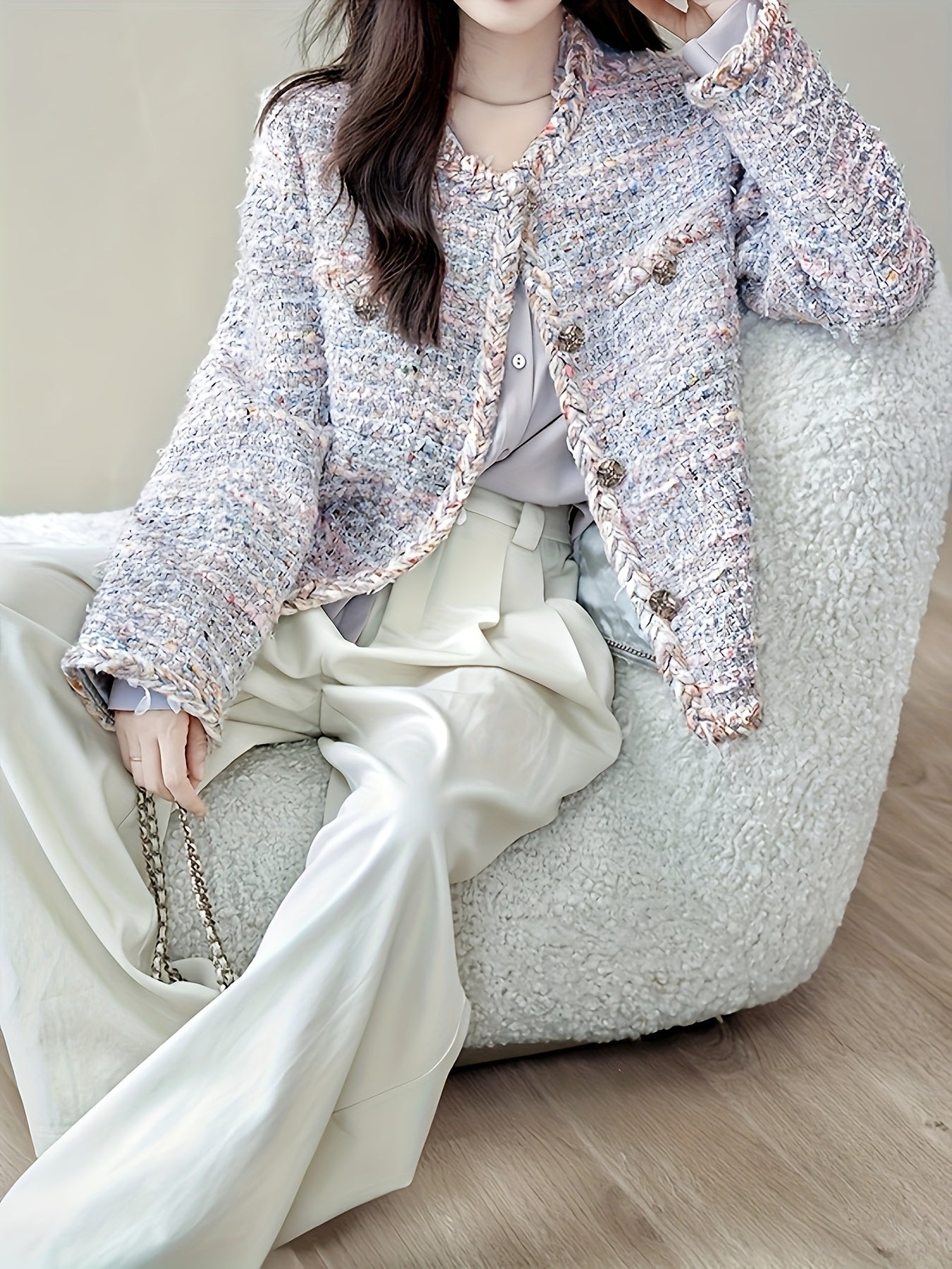 Chic Lightweight Tweed Blazer with Braided Detail - Long Sleeve, Button-Up, H-Silhouette, Beige & White Check Pattern, Perfect for Fall\u002FWinter Fashion, Autumn Winter Jacket | Hsilhouette Blazer | Elastane Comfort Fit