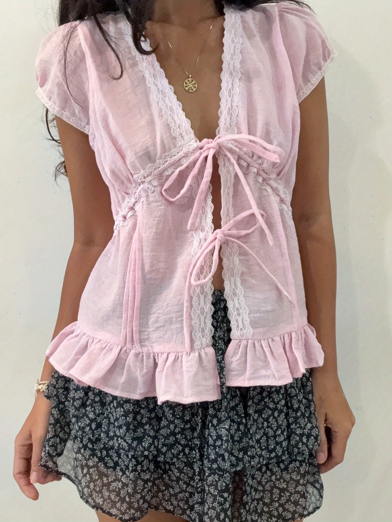 Women'S Casual Lace-Embellished V-Neck Top with Ruffle Hem - Light Blue, Short Sleeve, Summer Blouse with Front Tie Detail, Lace Trim, Non-Padded, Casual Summer Top|Ruffle Hem Top|Lace Trim Detail