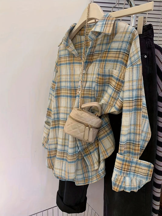 Women'S Vintage Plaid Button-Up Shirt Jacket with Pockets - Long Sleeve, Lapel Collar, Casual Style, Orange & White Checkered Pattern, Perfect for Casual Attire, Allseason Jacket | Classic Checkered Jacket | Structured Design
