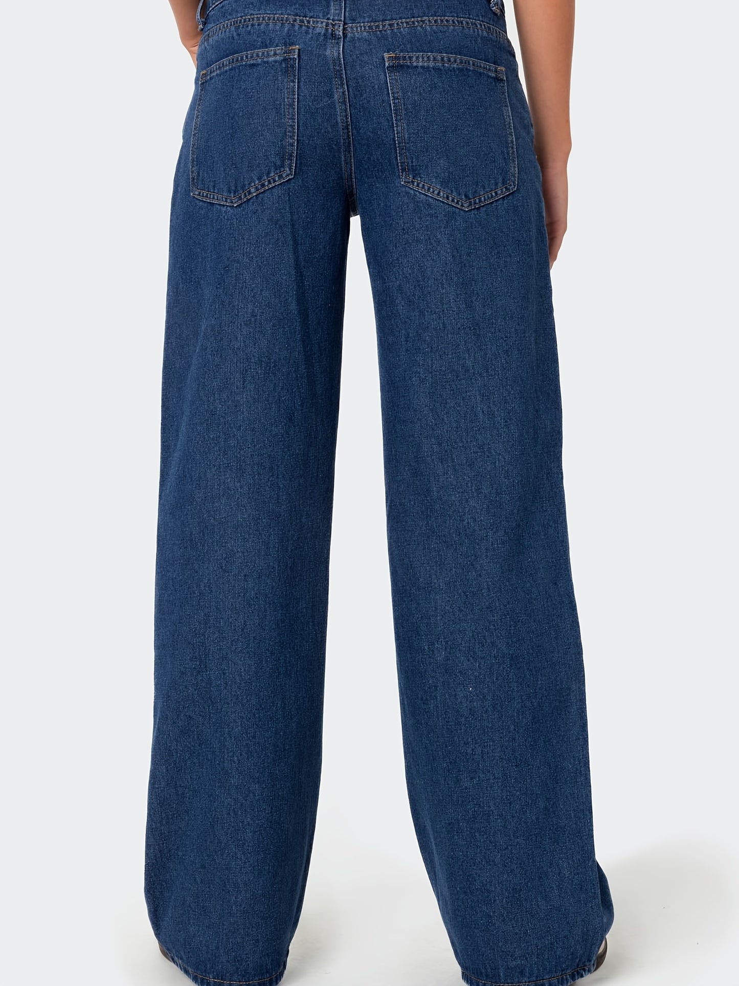 Plus Size Wide Leg Faux Denim for Women - Casual All-Season Long Faux Denim Trousers, Slight Stretch Cotton Blend Solid Color Pants with Button Fly