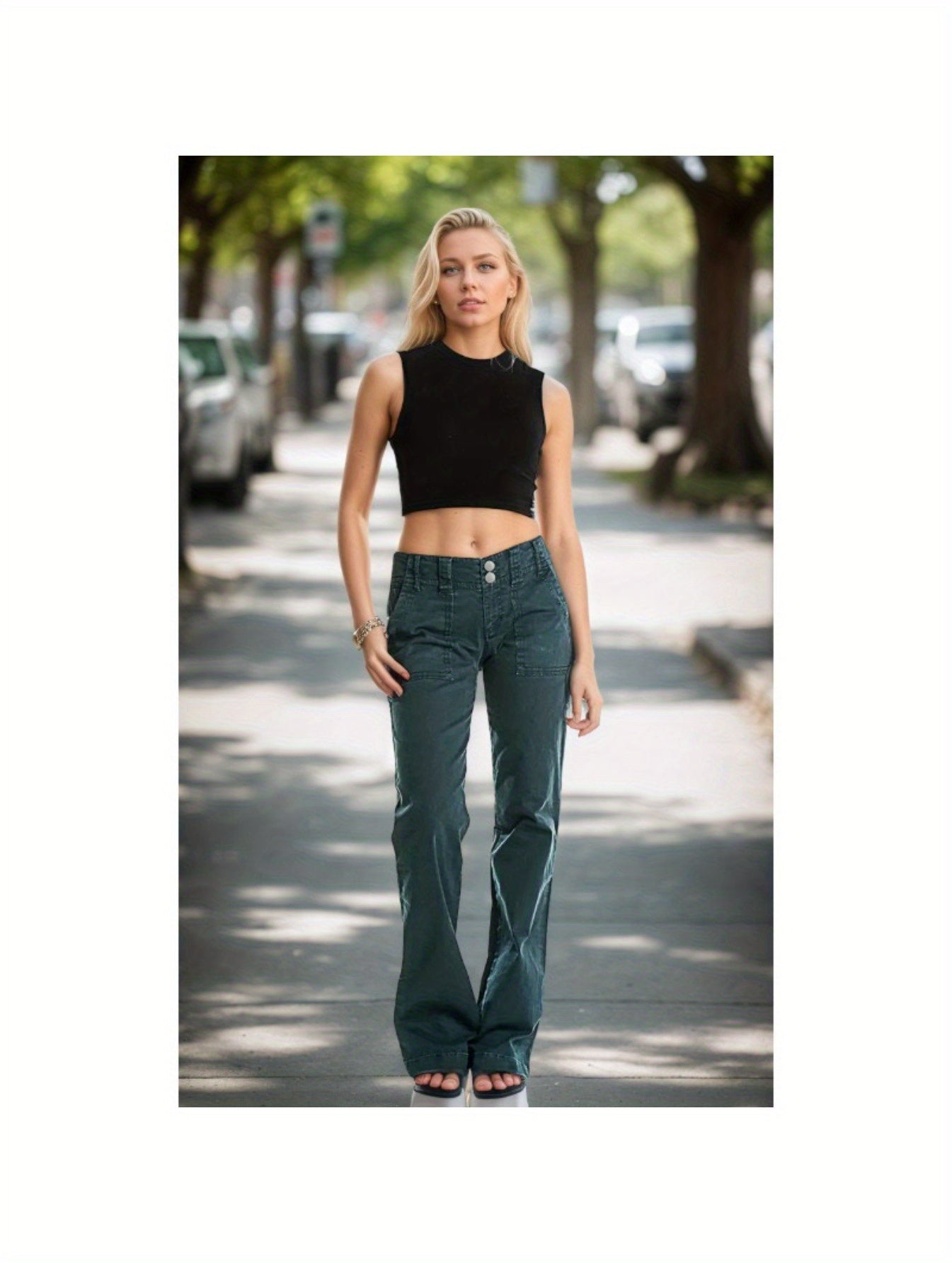 Women High Waist Double Button Jeans Straight Leg Denim Pants Trendy Casual Wear