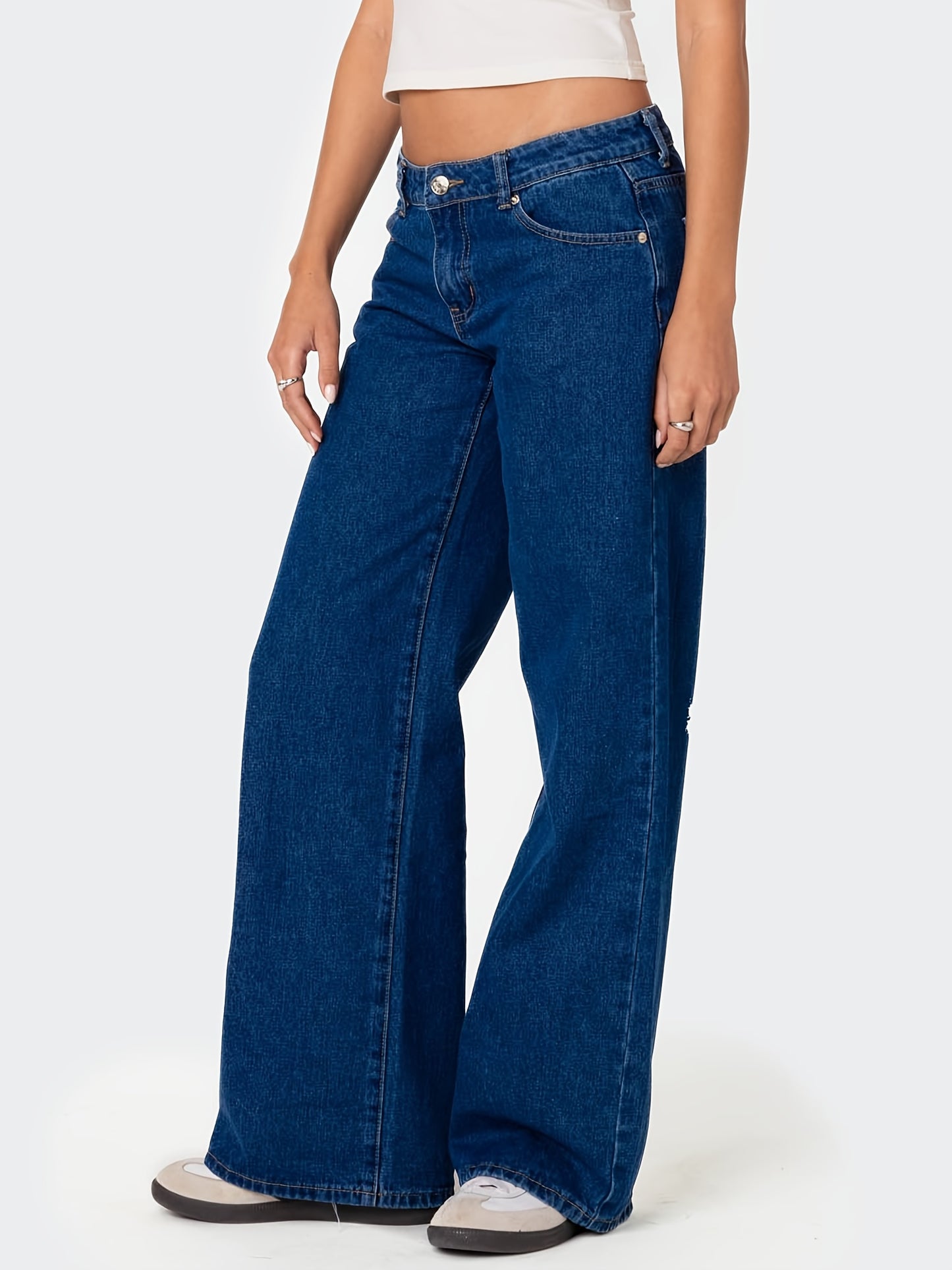 Plus Size Wide Leg Faux Denim for Women - Casual All-Season Long Faux Denim Trousers, Slight Stretch Cotton Blend Solid Color Pants with Button Fly