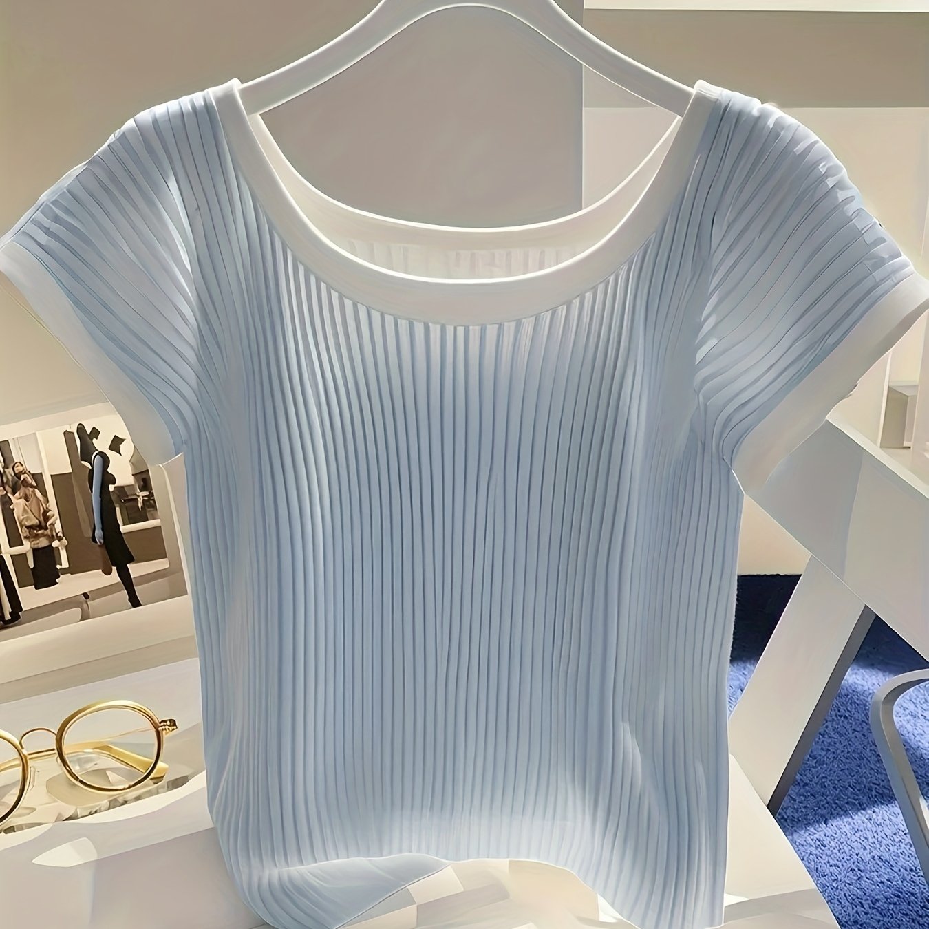Women's T-Shirt - Light Blue\u002FSoft Blue Horizontal Lines, Stretchy Ice Sliky Fiber Top for Everyday & Formal Outfits - Machine Washable Summer Blouse, Casual Wear, Round Neckline, Ribbed Details, Semitransparent Fabric