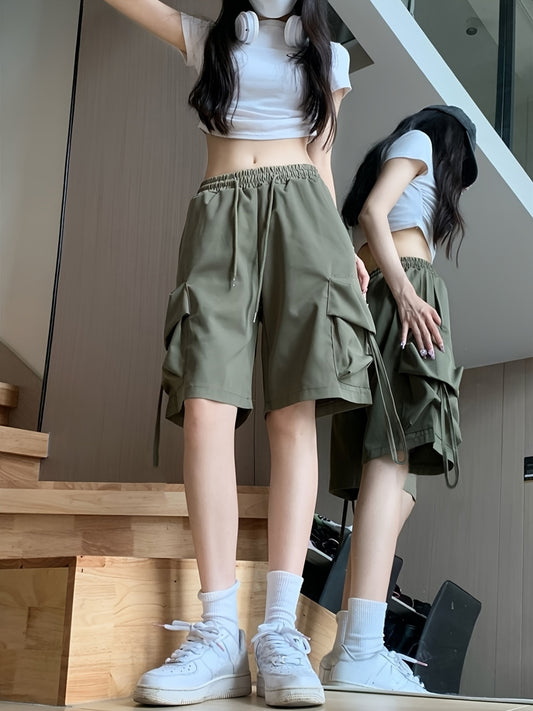 Women'S High-Waisted Cargo Shorts - Loose Fit, Effect, Summer 2025 New Arrival, Comfortable Wide Leg, Casual Style with Pockets, Solid Color, Polyester Fabric, Casual Wear|Wideleg Shorts|Polyester Short