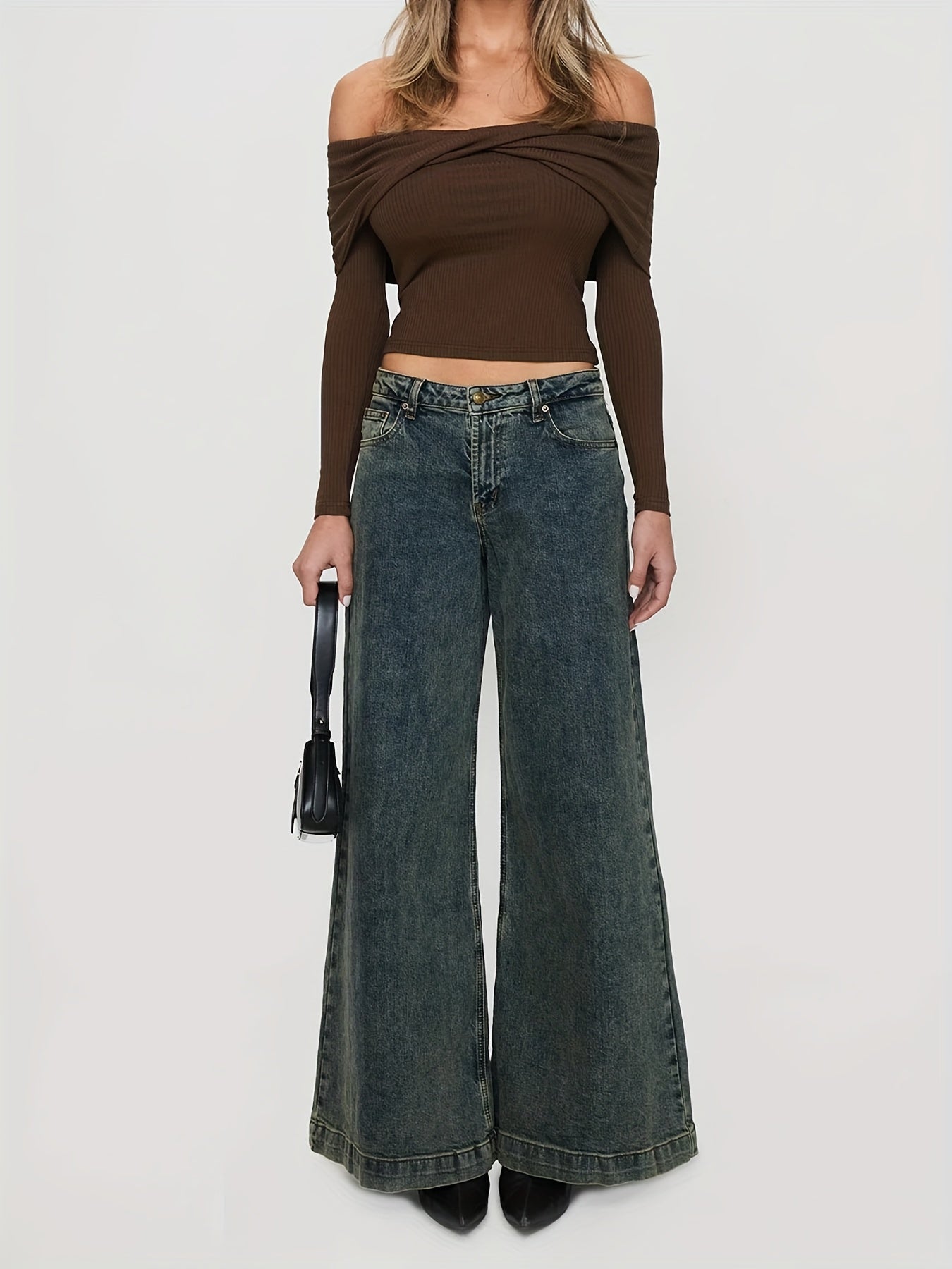 1pc Women'S Casual Wide Leg Jeans - Cotton Blend, Slight Stretch, Solid Color, Woven, All-Season, Loose Fit, Retro-Inspired Denim