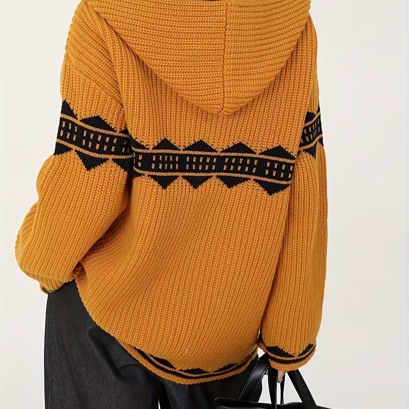 Luxurious 100% Merino Wool Women'S Cardigan with Hood - Elegant V-Neck, Long Sleeve, Striped Pattern, Thick Casual Knit Outerwear for Fall\u002FWinter, Plush Warmth, Stylish and Cozy