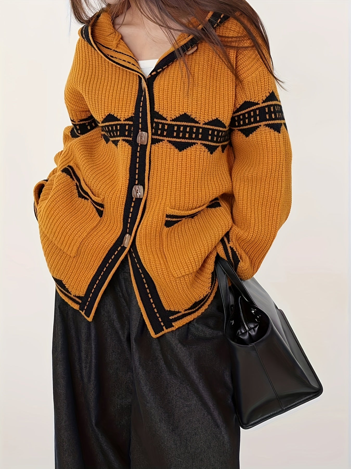 Luxurious 100% Merino Wool Women'S Cardigan with Hood - Elegant V-Neck, Long Sleeve, Striped Pattern, Thick Casual Knit Outerwear for Fall\u002FWinter, Plush Warmth, Stylish and Cozy