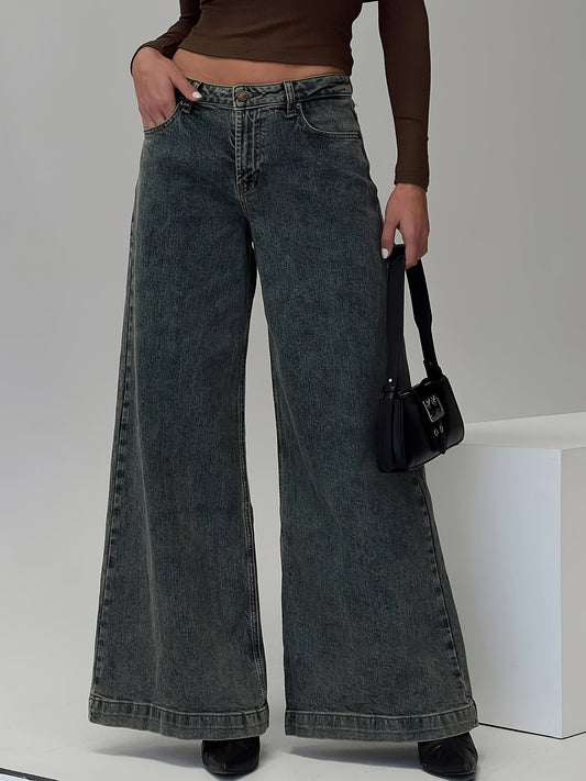 1pc Women'S Casual Wide Leg Jeans - Cotton Blend, Slight Stretch, Solid Color, Woven, All-Season, Loose Fit, Retro-Inspired Denim