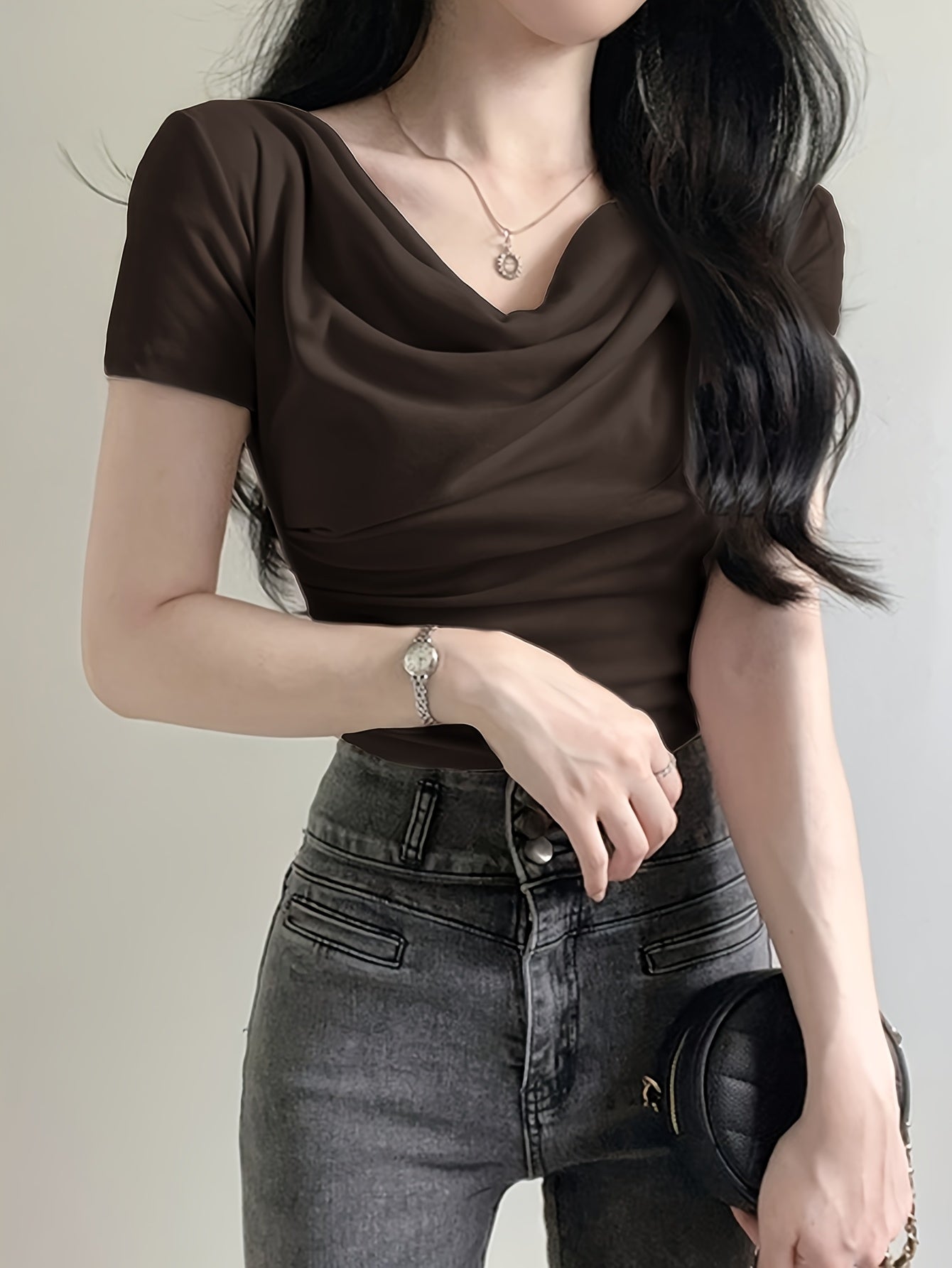 Women's Elegant Solid Color Coffee Brown Short Sleeve Shirt - Round Neck Summer Casual Blouse, Machine Washable & Dry Cleanable, Versatile for Office & Casual Attire, Easycare Clothing, Sophisticated Casual, Comfortable Fit