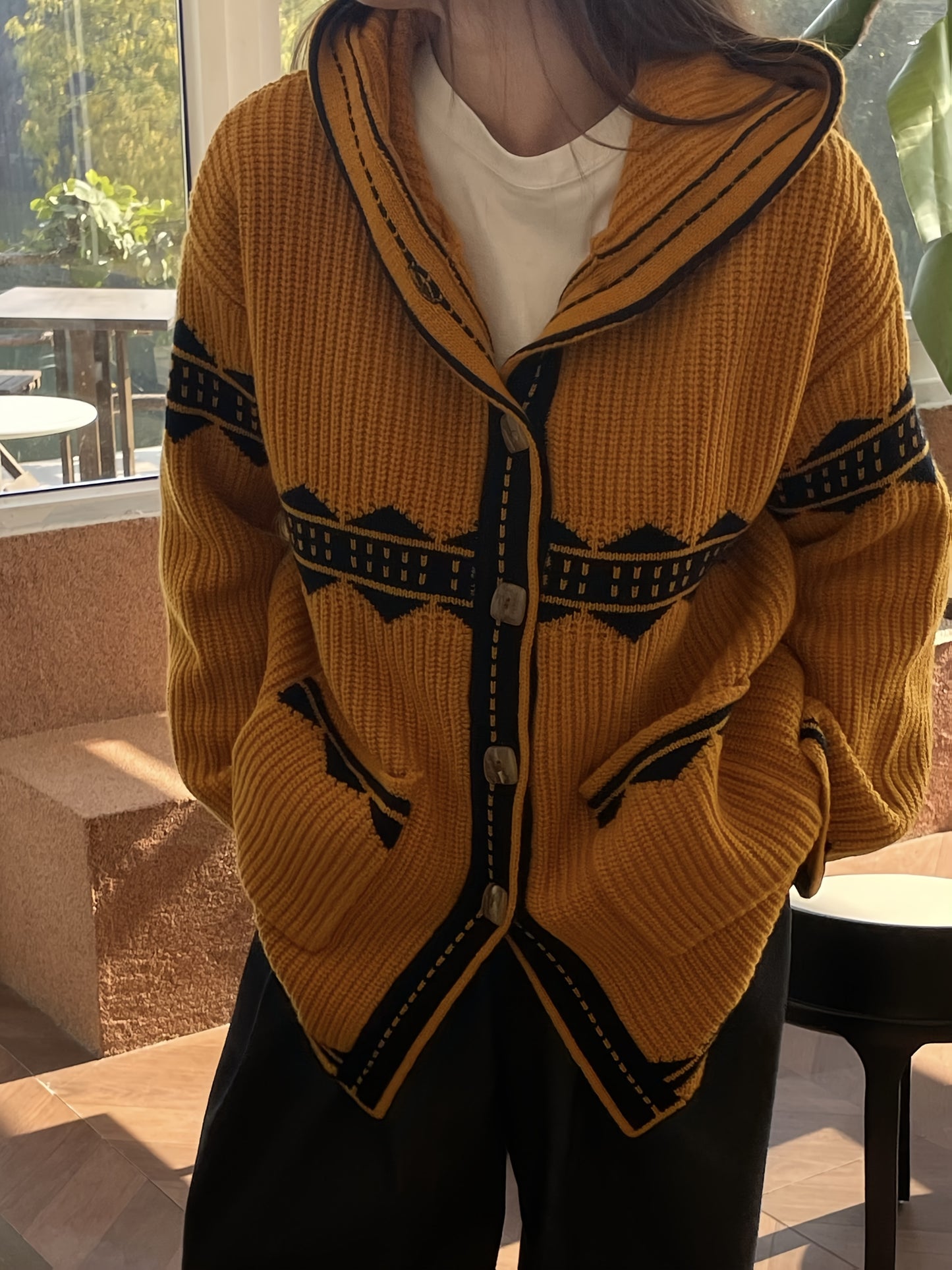 Luxurious 100% Merino Wool Women'S Cardigan with Hood - Elegant V-Neck, Long Sleeve, Striped Pattern, Thick Casual Knit Outerwear for Fall\u002FWinter, Plush Warmth, Stylish and Cozy