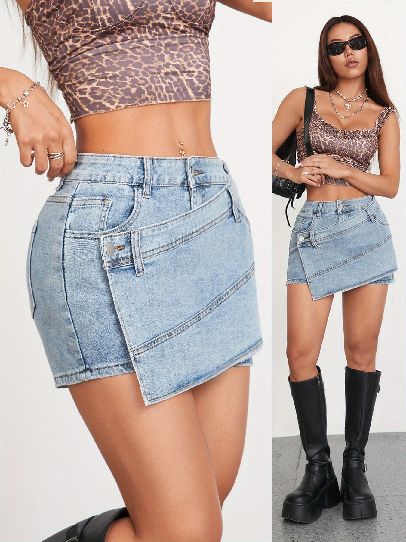 1pc Women'S High-Waisted Asymmetrical Crossover Faux Denim Shorts - Casual Cotton Blend, Solid Color, Washed Finish, Non-Stretch, Spring\u002FSummer Collection