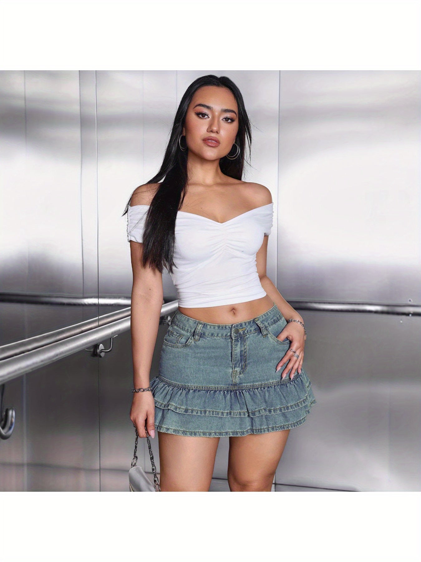 Women'S High-Waist Ruffled Denim Skirt - Vintage Style, Light Blue Washed, Slim Fit, Casual Summer Shorts with Button Closure, High Waisted Shorts