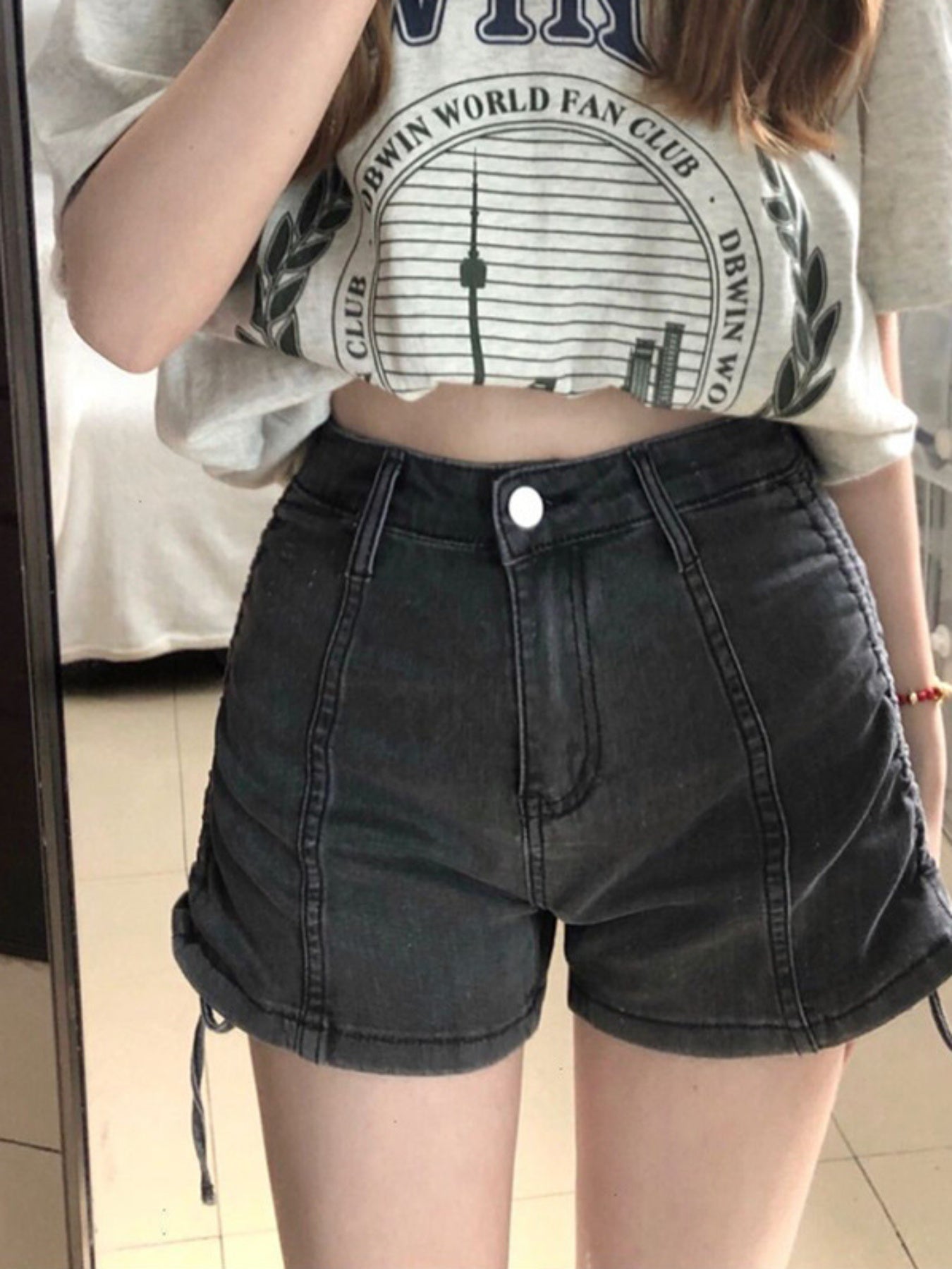 Women's High-Rise Denim Shorts with Side Drawstring Waist - Casual Summer Straight-Leg Jean Shorts for Beach, Club & Streetwear, Machine Washable