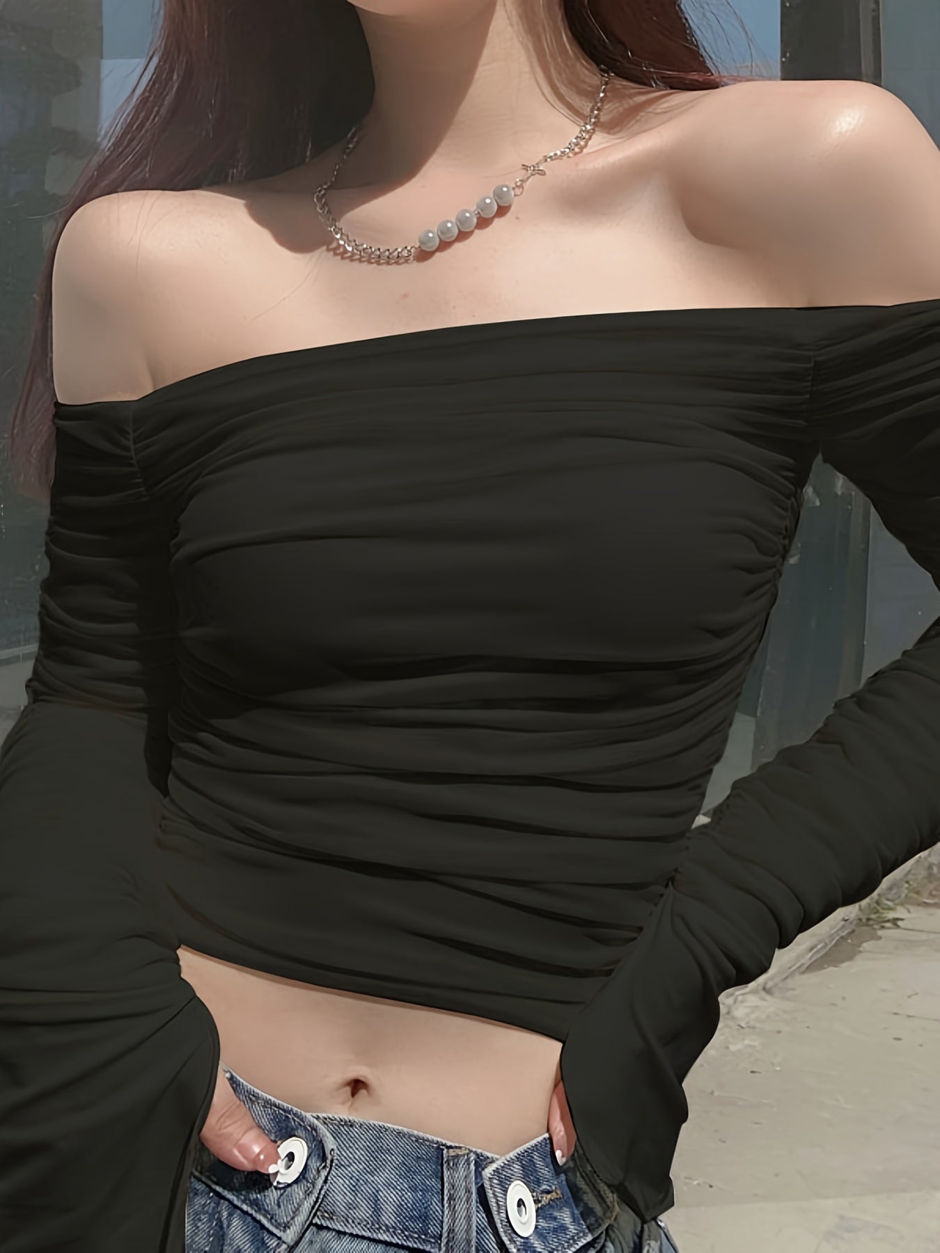 Long Sleeve Off-the-Shoulder Ruched Top - High Stretch, Elegant, Contrast Mesh, Machine Washable - Summer Essential for Women