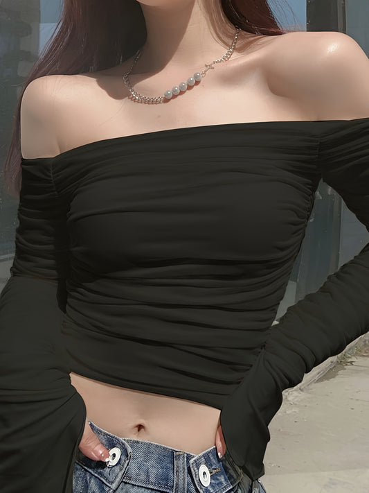 Long Sleeve Off-the-Shoulder Ruched Top - High Stretch, Elegant, Contrast Mesh, Machine Washable - Summer Essential for Women