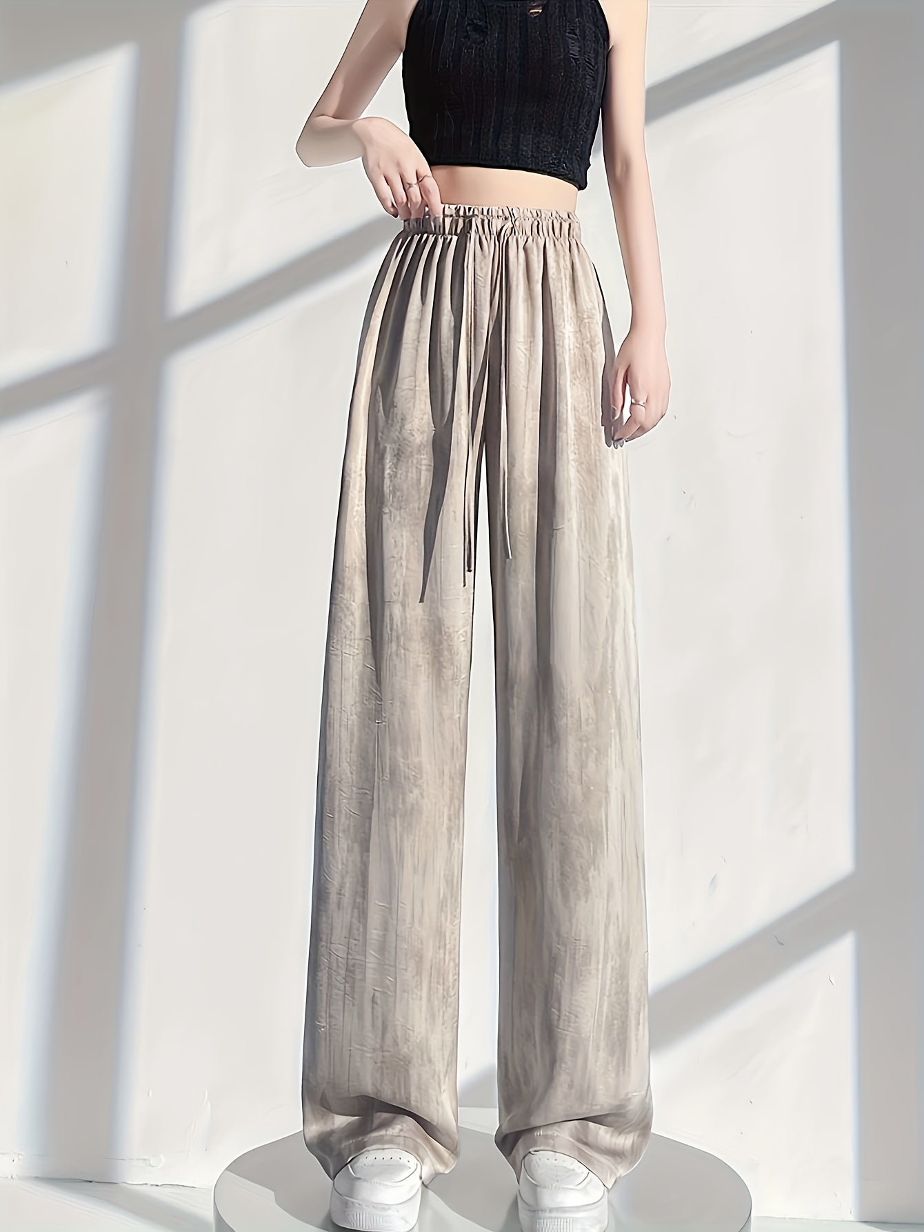 Women'S Elegant High-Waisted Wide-Leg Pants - Ice Sliky Fiber Fabric, Breathable & Lightweight, Loose Fit with Drawstring Waist, Solid Color for Casual & Formal Wear, High Waisted Leggings
