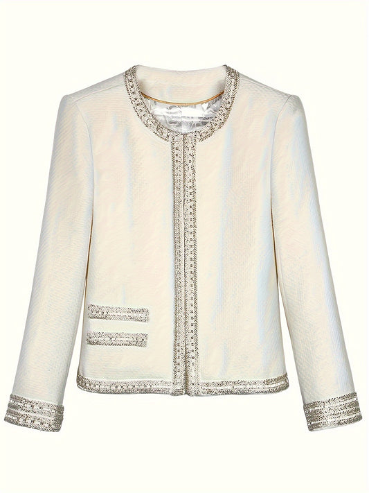 Elegant French-Inspired Long Sleeve Cardigan for Women - Beaded, Double-Breasted, Round Neck, Cream Wool Blend, Perfect for Fall & Winter, Versatile Fashion|Vintage Style|Spandex Blend