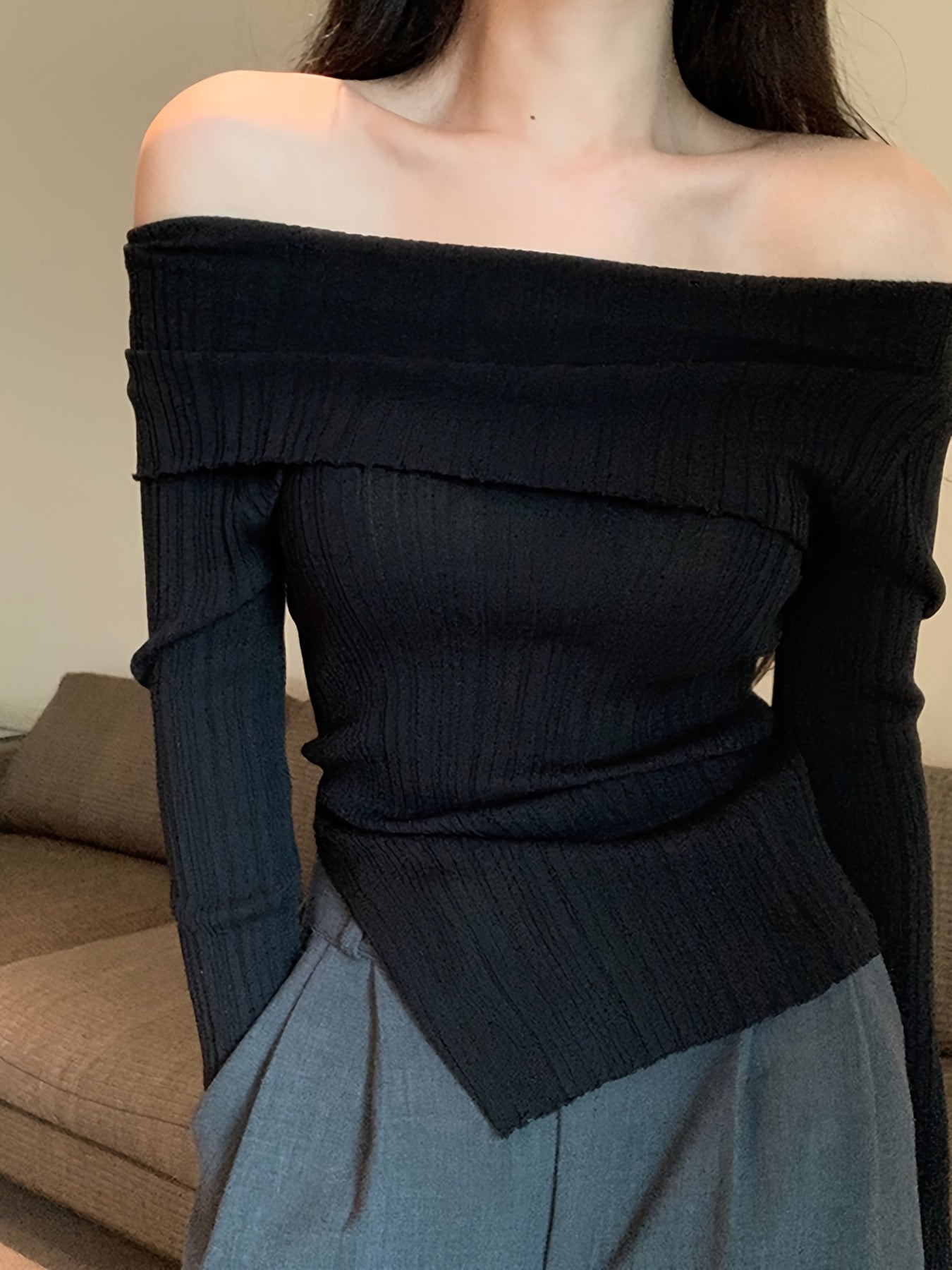 Women'S Autumn And Winter Women'S New One-Shoulder Pullover Slim Hem Slit Thin Casual Long-Sleeved Top Solid Color Off-Shoulder Slit Shirt