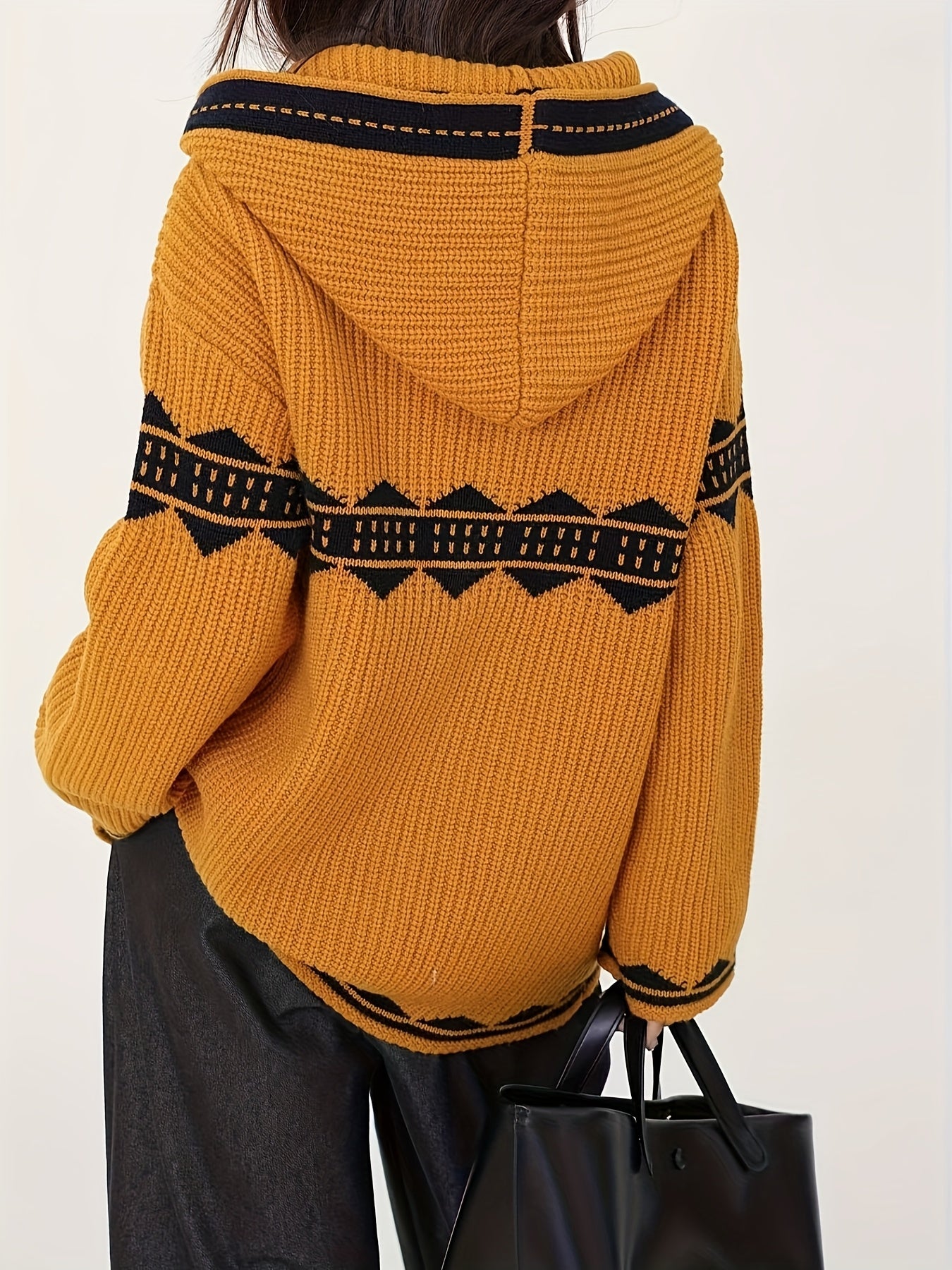 Luxurious 100% Merino Wool Women'S Cardigan with Hood - Elegant V-Neck, Long Sleeve, Striped Pattern, Thick Casual Knit Outerwear for Fall\u002FWinter, Plush Warmth, Stylish and Cozy
