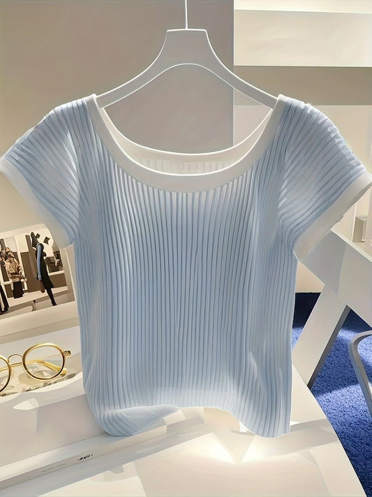 Women's T-Shirt - Light Blue\u002FSoft Blue Horizontal Lines, Stretchy Ice Sliky Fiber Top for Everyday & Formal Outfits - Machine Washable Summer Blouse, Casual Wear, Round Neckline, Ribbed Details, Semitransparent Fabric