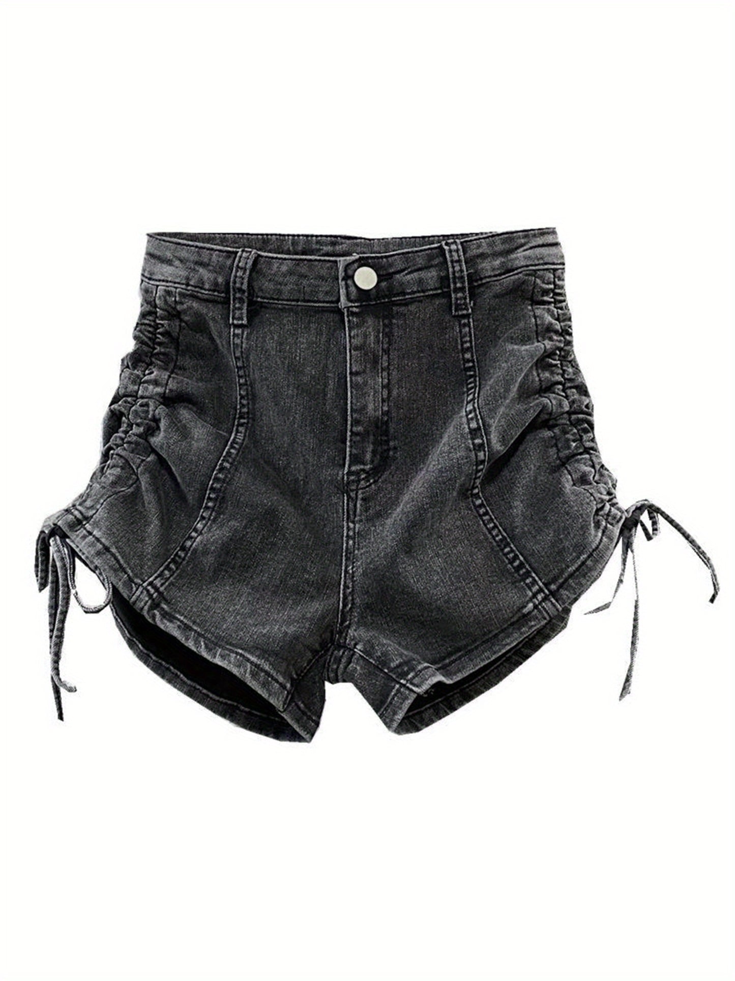 Women's High-Rise Denim Shorts with Side Drawstring Waist - Casual Summer Straight-Leg Jean Shorts for Beach, Club & Streetwear, Machine Washable