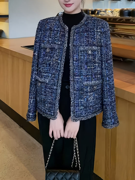 Elegant Striped Polyester Blazer for Women, French-Inspired High Luxury Coat with Long Sleeves, Regular Fit, Single Breasted Button Detail, Fall\u002FWinter Collection