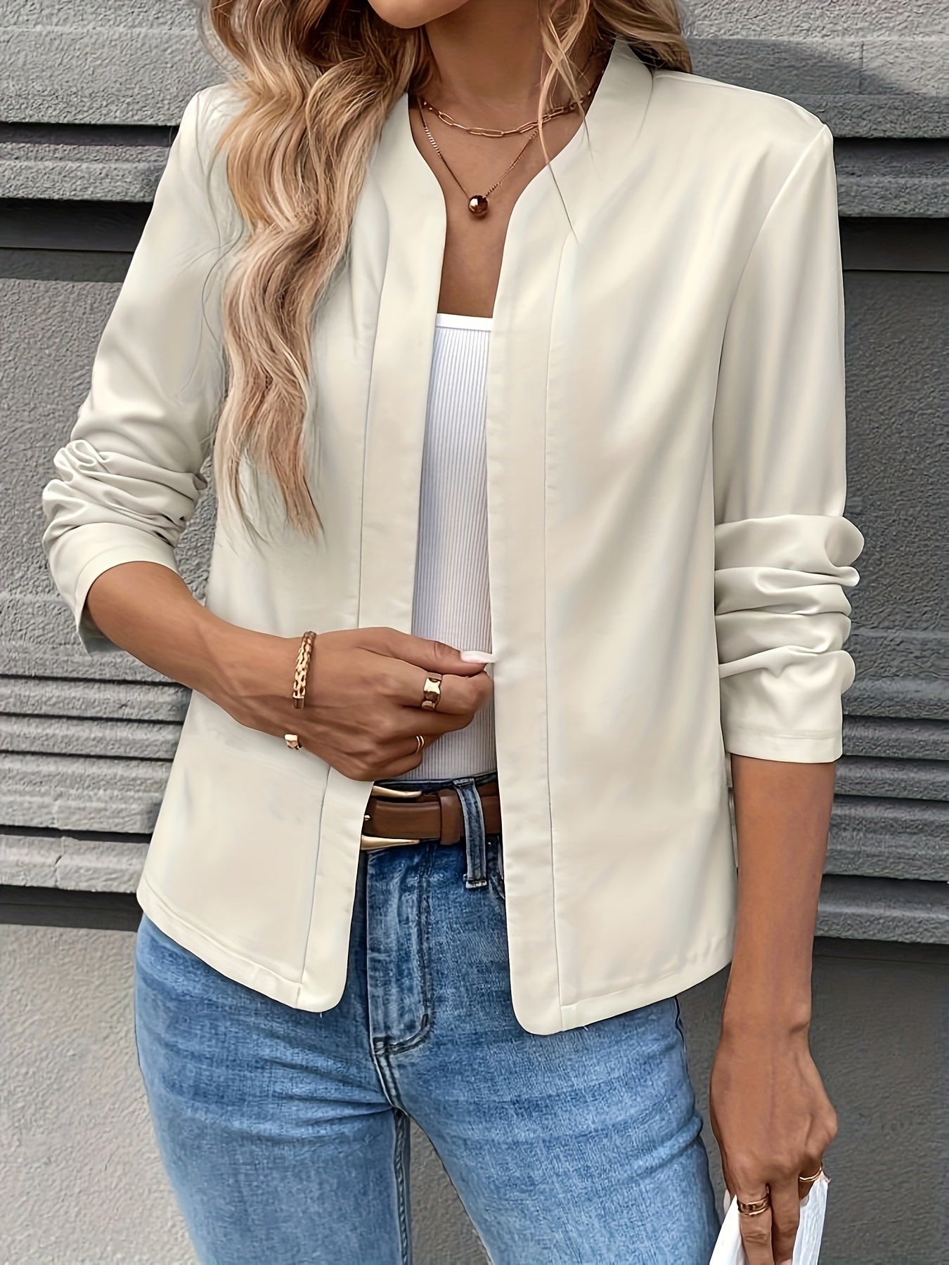 Women'S Elegant Beige Blazer Jacket - Solid Color Cardigan with Notched Lapel, Long Sleeves, Versatile for Spring\u002FFall, Perfect for Casual or Office Wear, Versatile Fashion Piece | Notched Lapel Jacket | Structured Design